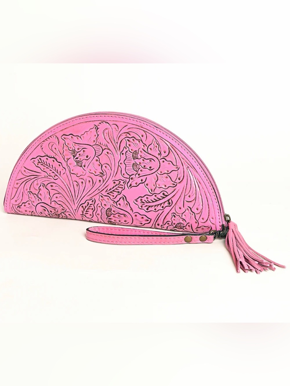 Western Bag Pink Floral Embossed Half-Moon Wristlet Clutch